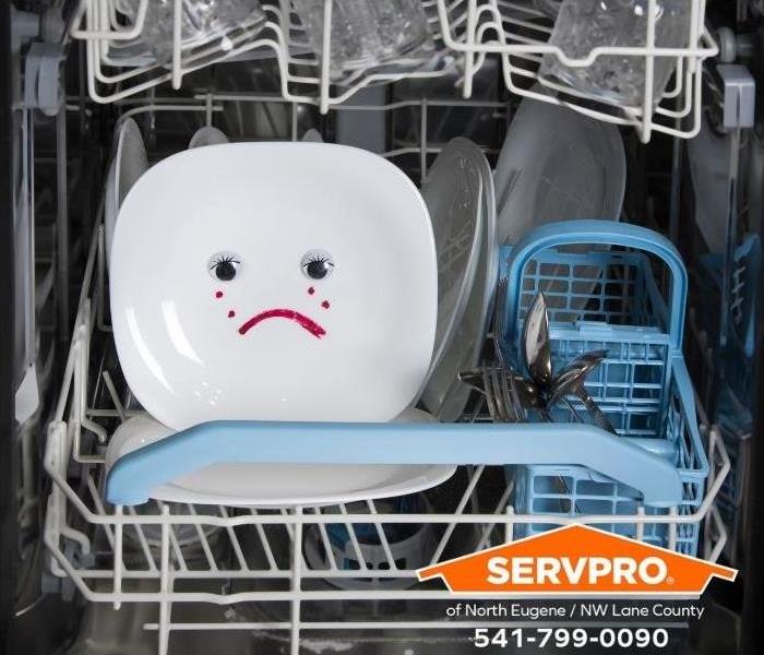 A dishwasher reveals a plate with a frowning face drawn on it.